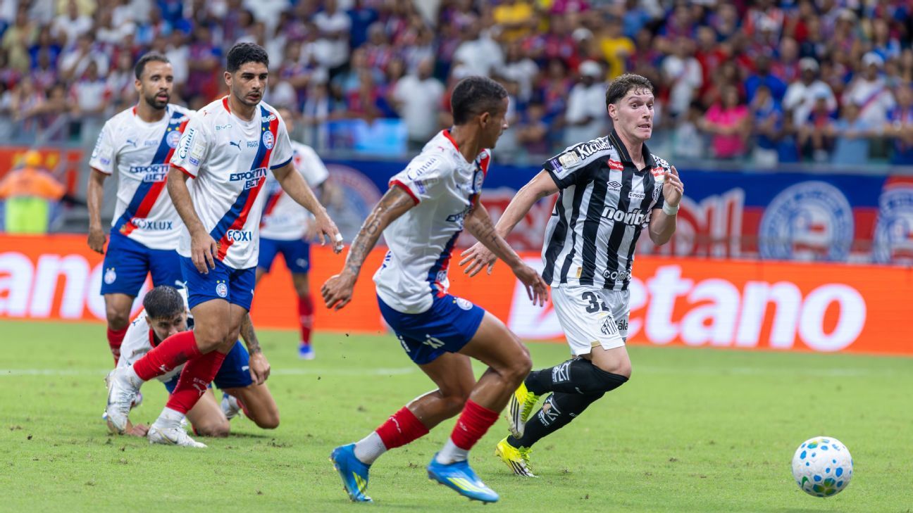 Santos abre 2 a 0, mas leva empate do Bahia em seis minutos e pode entrar na zona de rebaixamento do Brasileirão